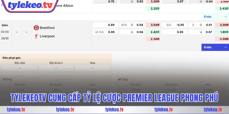 Tylekeotv cung cấp tỷ lệ cược Premier League phong phú